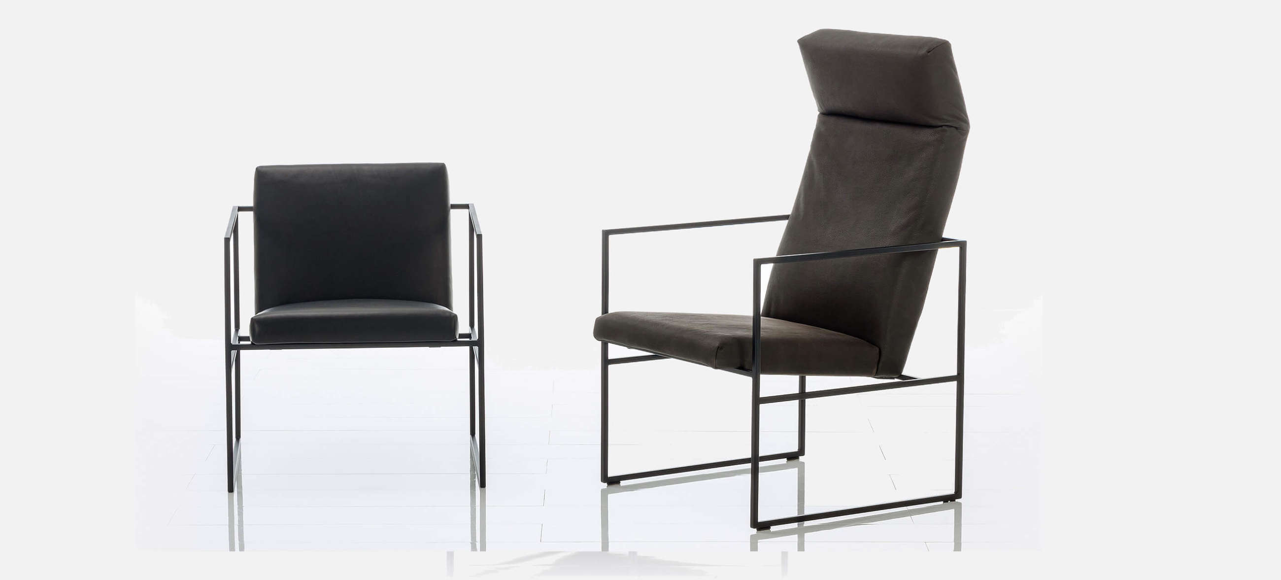 sessel und hochlehnersessel grace metal von bruehl mit schwarzen Leder. sessel grace metal bruehl leder schwarzes metal