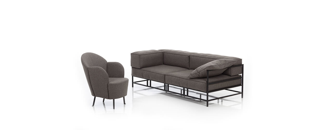 Das Bruehl Sofa Easy Pieces Forever mit Filzbezug, Metallgestell und dem Sessel Floret. Sofa Easy Pieces Forever Brühl Sessel Floret