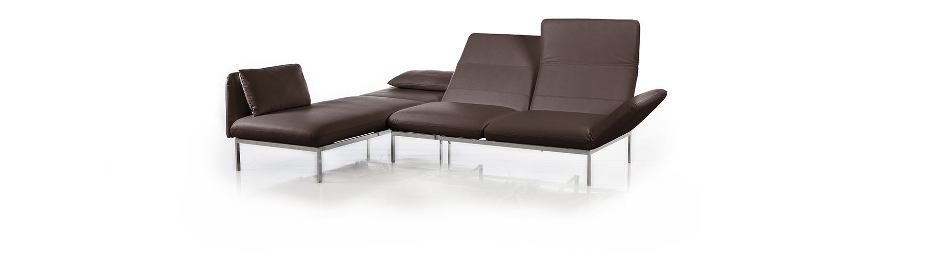 Das Ecksofa Roro von Bruehl in Leder mit verwandelten Chaiselongue. Bruehl Ecksofa Roro medium Leder Chaiselongue