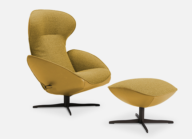 Der Loungessel Daydreamer Lounge von Jori in einer gelben Stoff/Leder Kombination. loungessel relaxsessel daydreamer lounge jori sessel