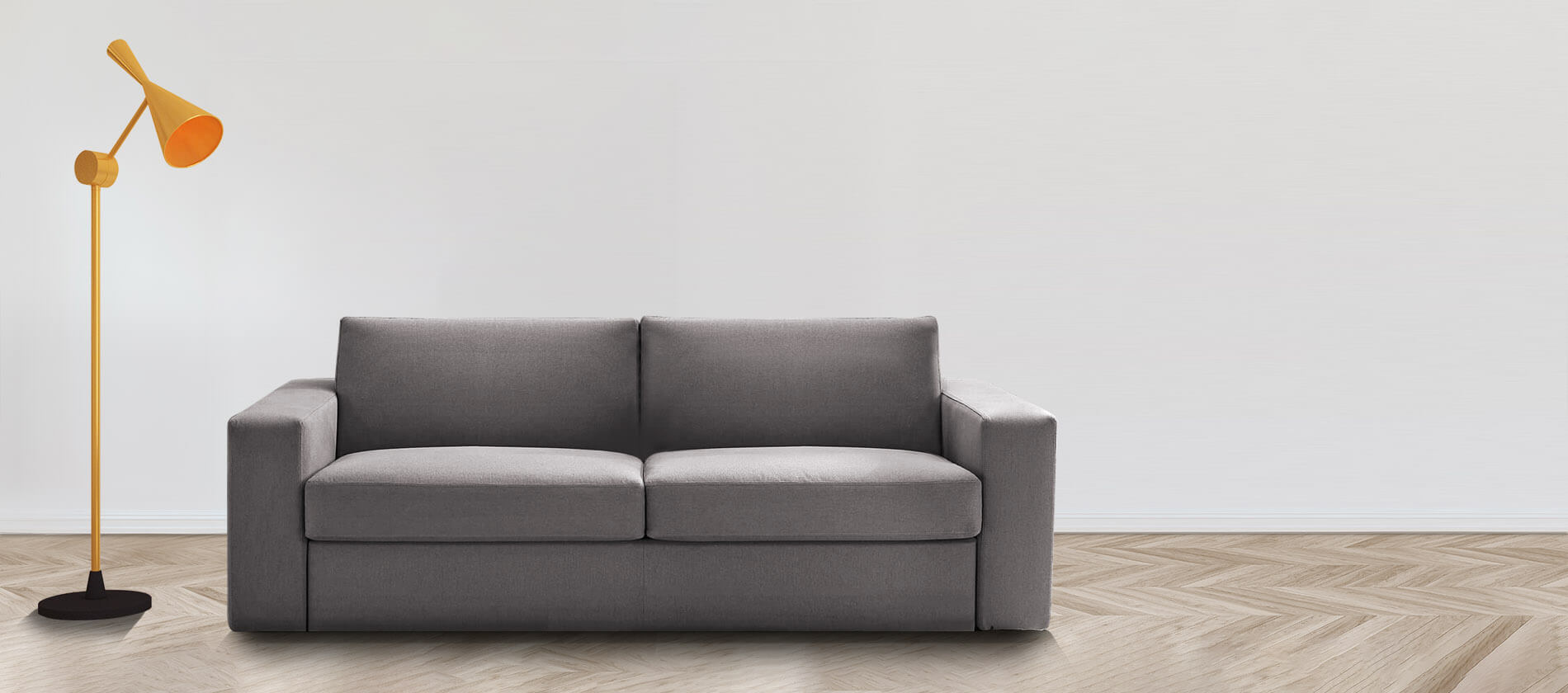 Das Schlafsofa Bedsofa von Pol74 in grauem Stoff. schlafsofa bedsofa pol74 bettsofa