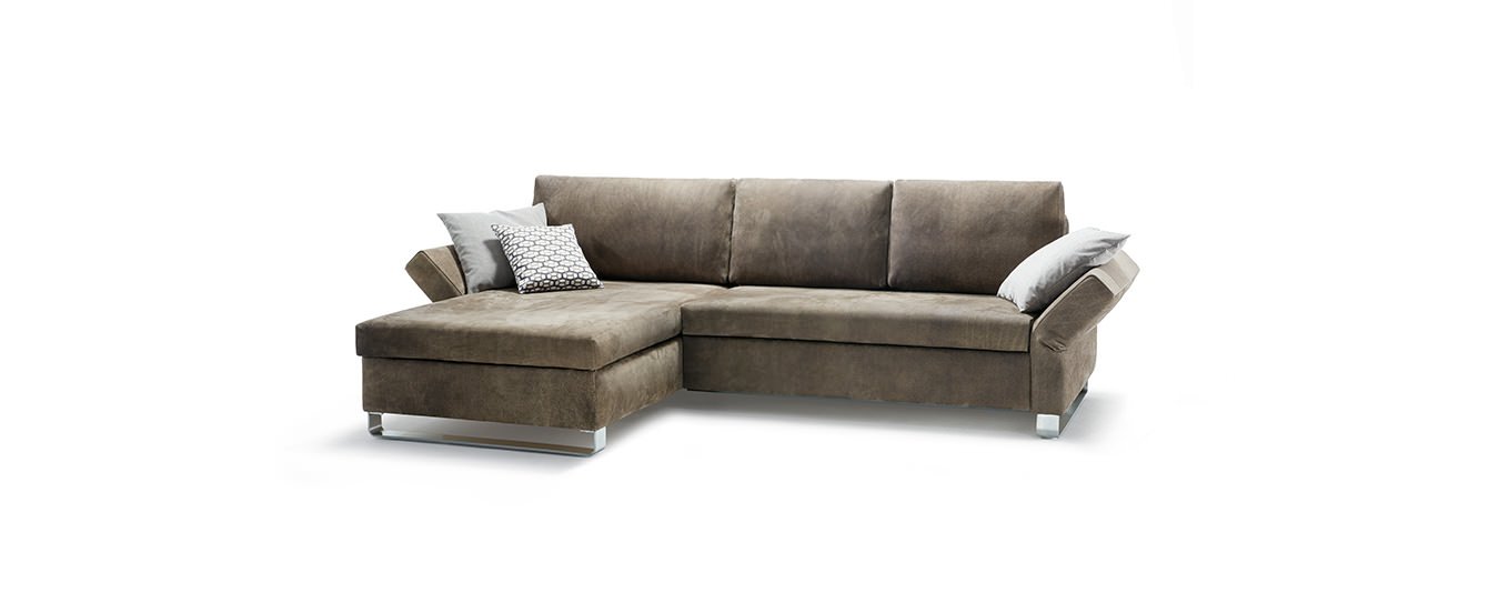 Das Lazlo Ecksofa von Signet mit Rencho Leder und Edelstahlkufen. Schlafsofa Signet Lazlo Ecksofa Leder Rancho Edelstahlkufen Bettkasten