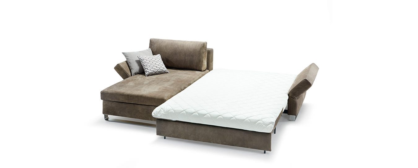 Das Signet Ecksofa Lazlo verwandelt zum Bett und Baumwollauflage. Signet Lazlo Schlafsofa Ecksofa Liegefläche Baumwollauflage Leder Rancho